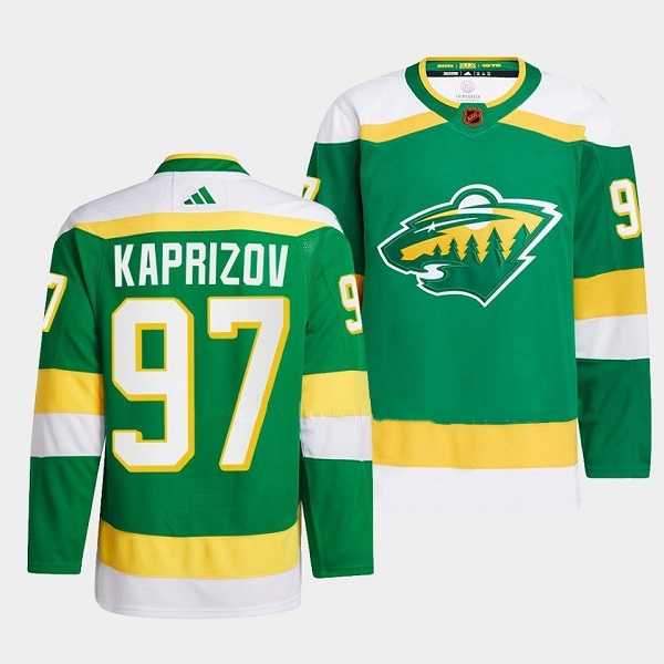 Mens Minnesota Wild #97 Kirill Kaprizov Green 2022-23 Reverse Retro Stitched Jersey